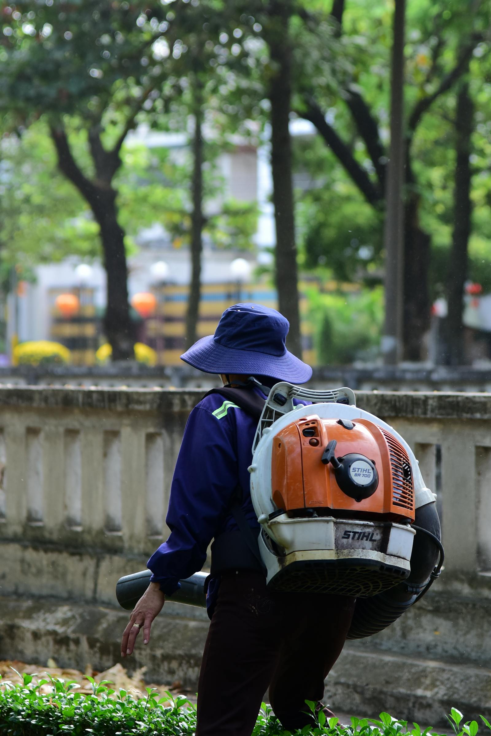 Backpack blower clearing fall leaves into a tidy pile on a residential lawn.
